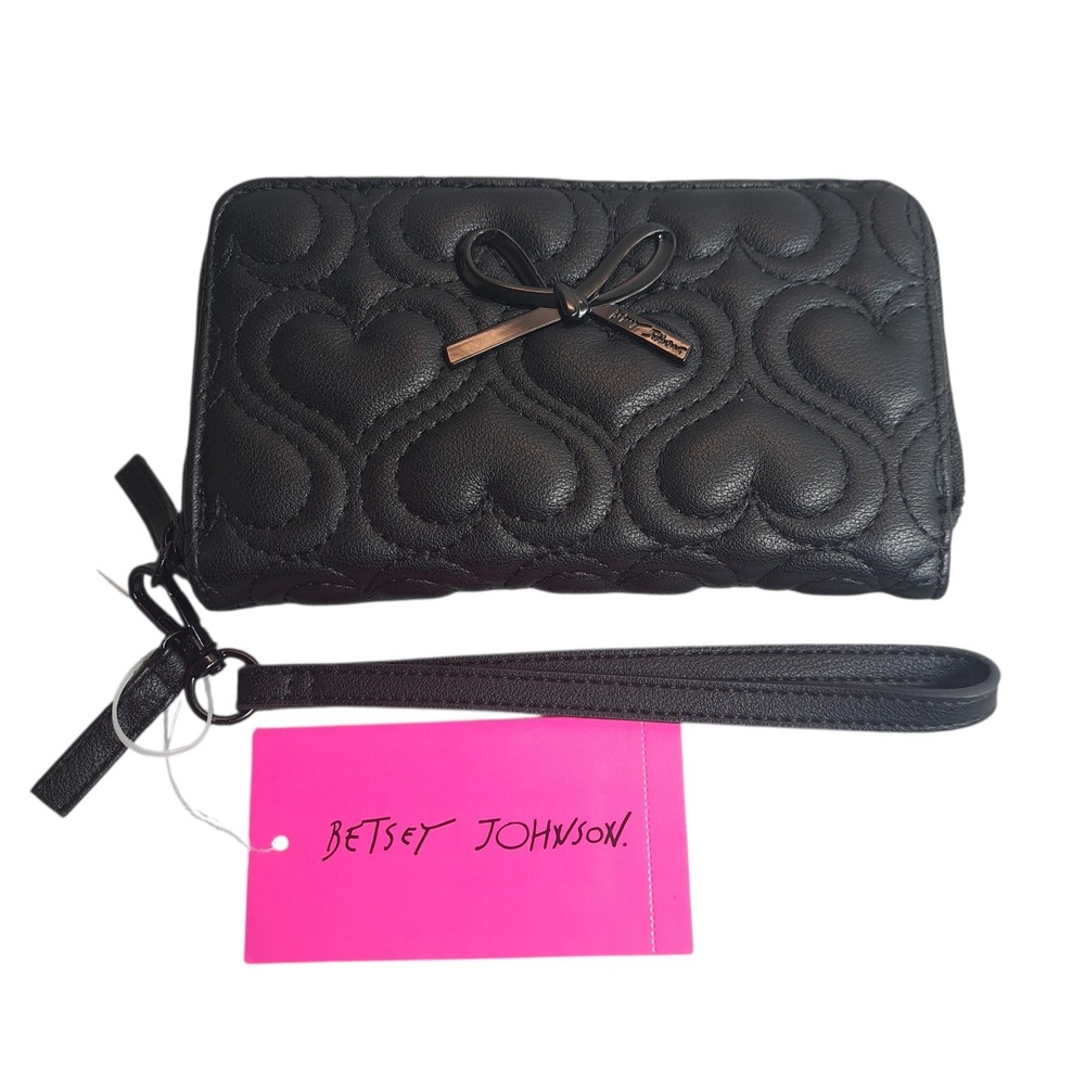 Betsey‎ Johnson Kara Embossed Hearts Zip Around Wallet Black/Black, Bow Charm